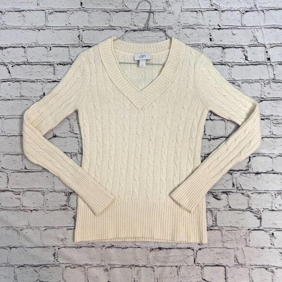 LOFT cream v-neck wool Rabbit Hair blend cable knit sweater Small - Picture 5 of 8
